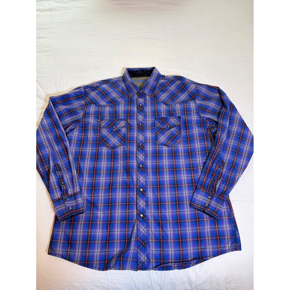 Wrangler 20X Competition Shirt~ Men's‎ XL~ Western Blue Plaid Pearl Snap Cowboy